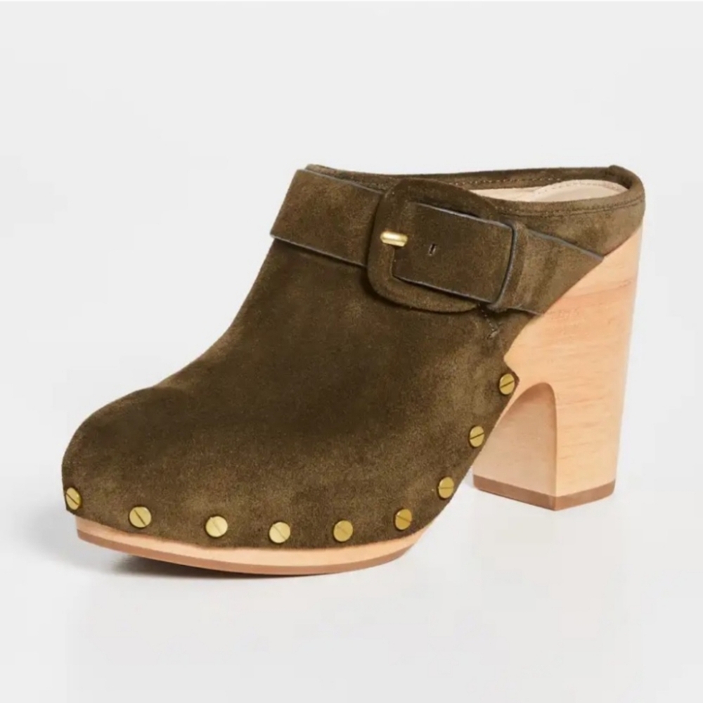 Veronica Beard Olive Green Suede Clogs